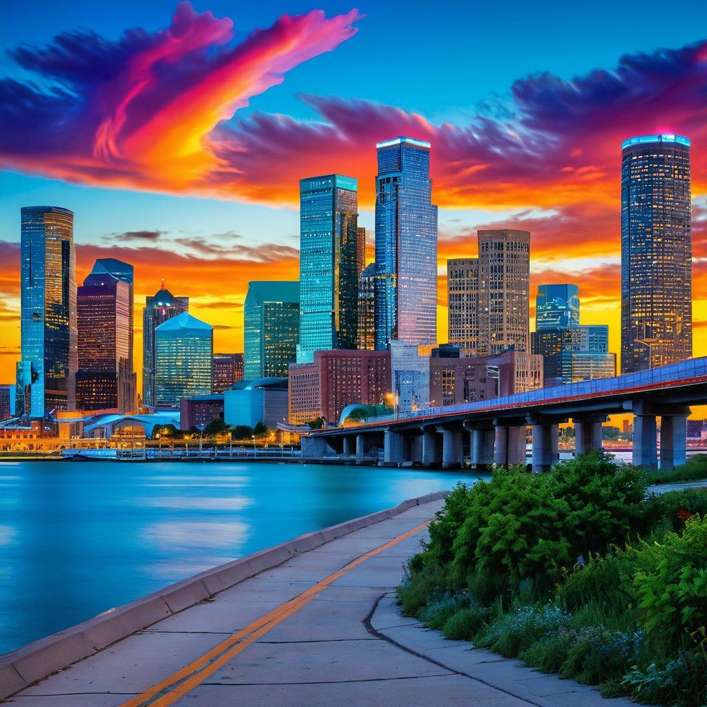 A vibrant cityscape of Detroit showcasing iconic landmarks like the Renaissance Center and the Detroit River, filled with bustling locals and visitors enjoying the atmosphere, with colorful murals and street art in the foreground. Include people engaging in community activities, enjoying food trucks, and cyclists on the trails to depict a lively urban lifestyle. super-realistic. vibrant colors. dynamic composition.