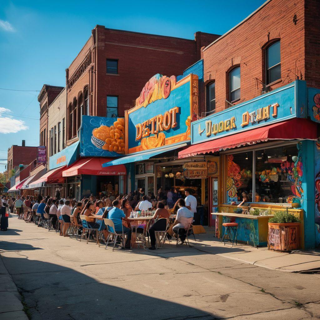 A vibrant street scene in Detroit showcasing diverse local culture, with iconic landmarks, street art, and people enjoying community events. Include elements like music venues, food trucks, and outdoor festivals, all in an energetic and engaging atmosphere. The image should capture the essence of urban life and community spirit in Detroit. super-realistic. vibrant colors. dynamic composition.