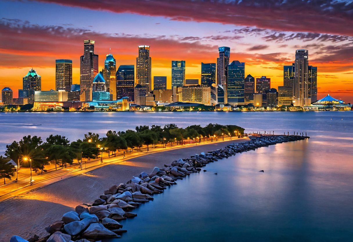 A vibrant skyline of Detroit at sunset, showcasing iconic landmarks like the Renaissance Center and the Detroit River. In the foreground, a colorful calendar unfolds with highlighted dates featuring local events, music, and cultural festivals. Incorporate diverse people enjoying various activities, enhancing the sense of community and heritage. The overall composition should evoke a feeling of excitement and anticipation. super-realistic. vibrant colors. 3D.